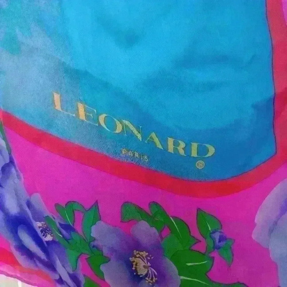 Leonard Paris Vintage Floral Silk Scarf Blue Pink - Picture 4 of 12